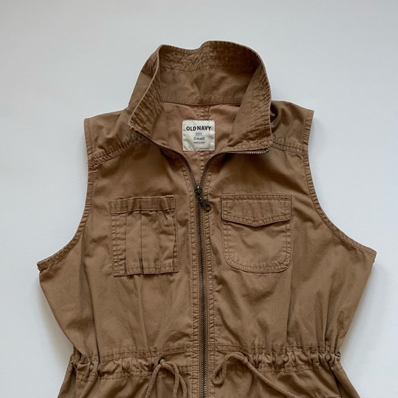 Old Navy 100% Cotton Tan Zip Front Utility Vest,  with Pockets and Tie Waist - Picture 2 of 6